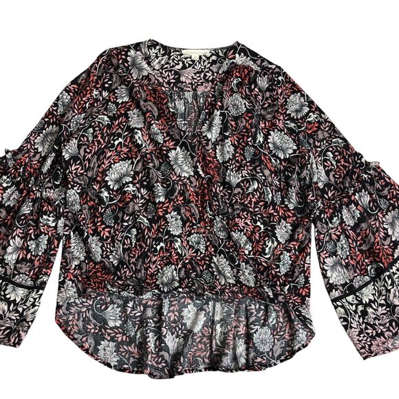 Love Stitch Top Women M Black Floral Metallic Wrap Cross Over Bell Sleeve Boho - Picture 2 of 16